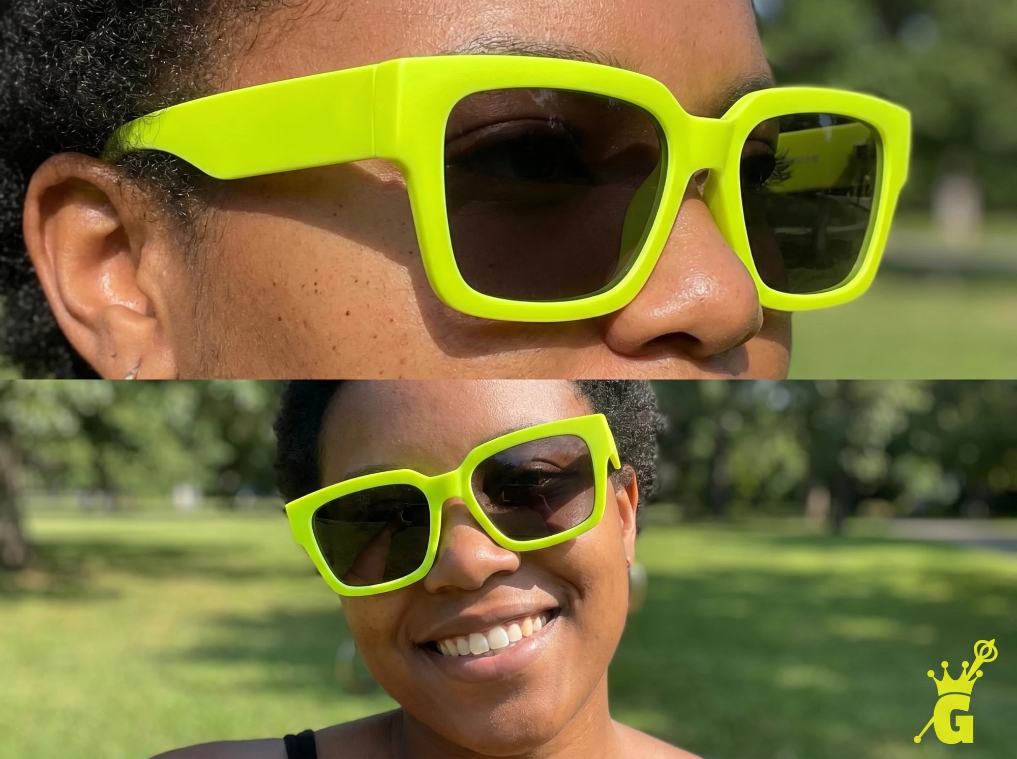 Close-up of GOHARDUS lime square-frame sunglasses