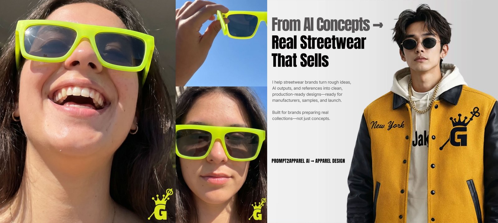 GOHARDUS lime sunglasses in UGC-style social shots beside the varsity jacket concept