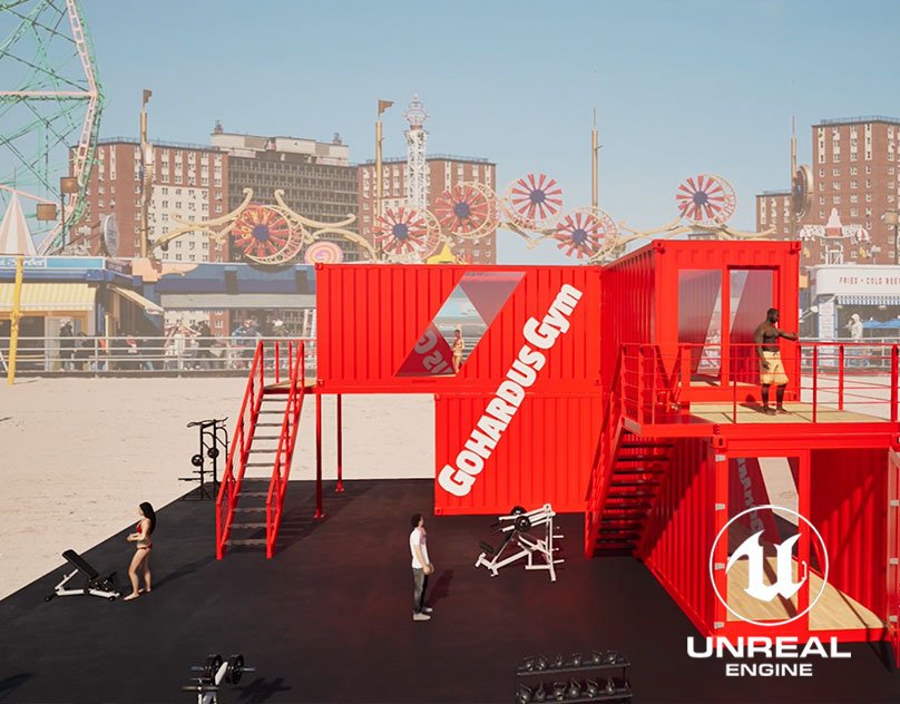 GOHARDUS Gym shipping-container pop-up concept on a boardwalk, rendered in Unreal Engine