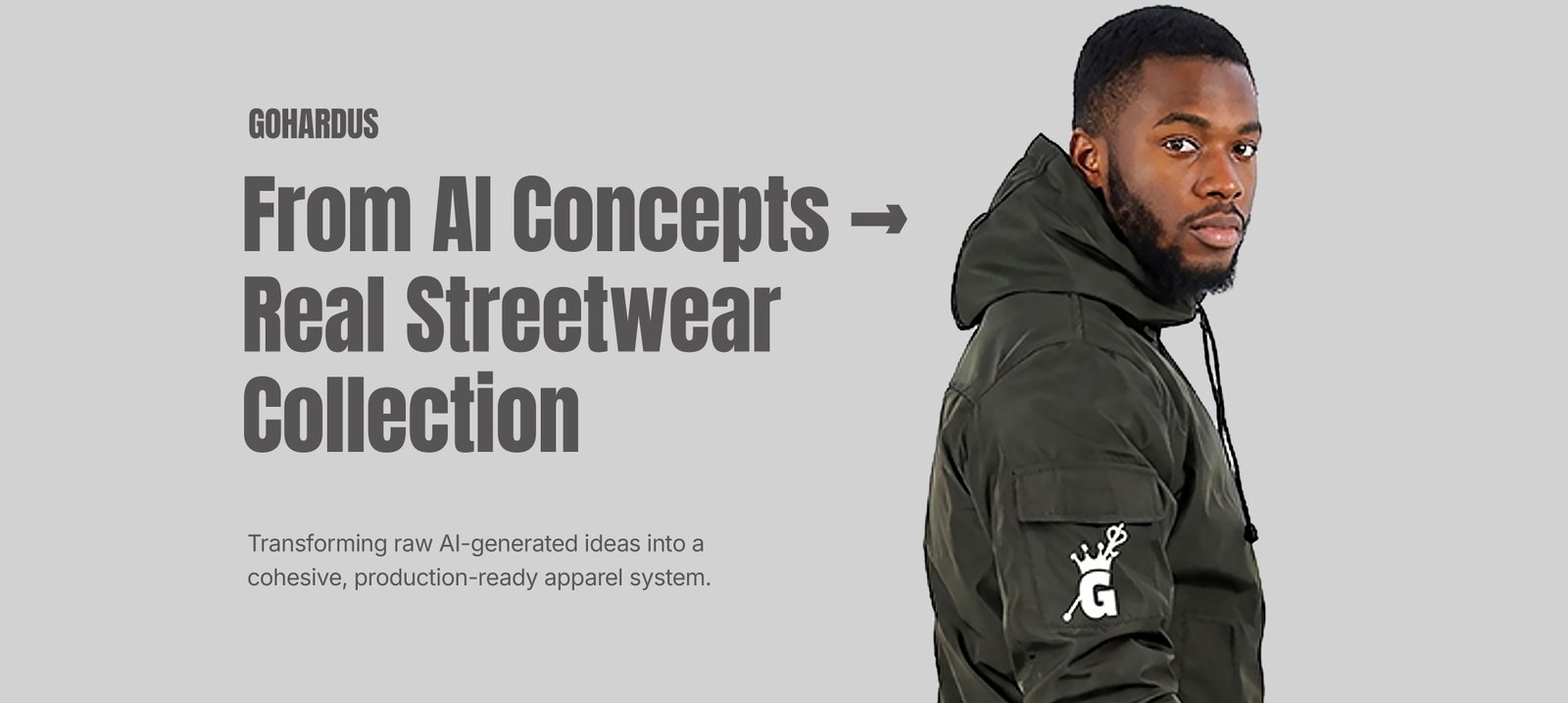 GOHARDUS hooded jacket with the crowned G mark on the sleeve, beside the headline From AI Concepts to Real Streetwear Collection