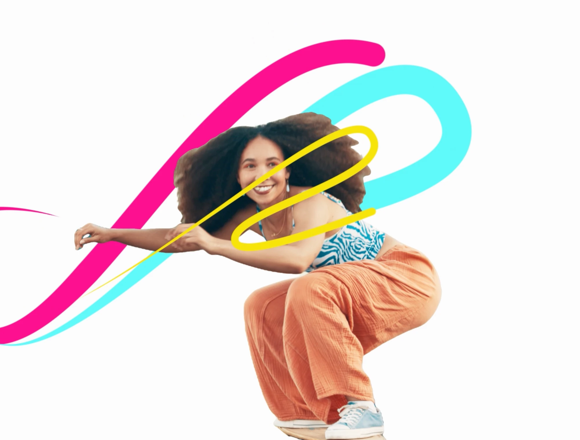 Social motion graphic with colour ribbons around a dancer