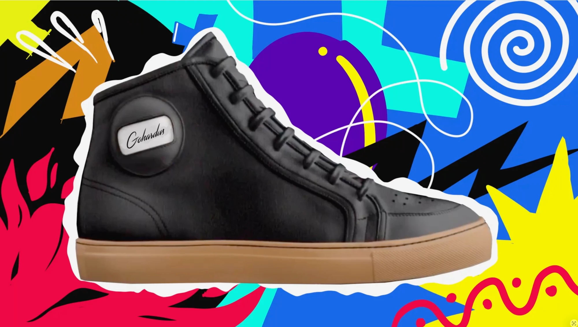 GOHARDUS high-top sneaker in a bold illustrated product advertising collage