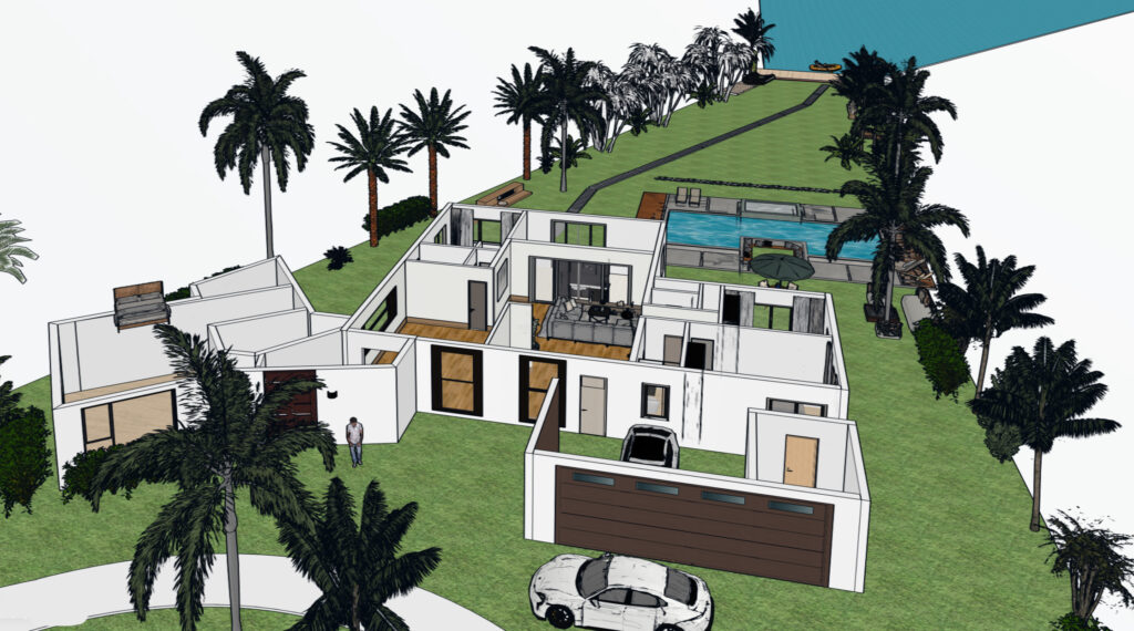 Modern one-story house color floor plan, featuring backyard with swimming pool.