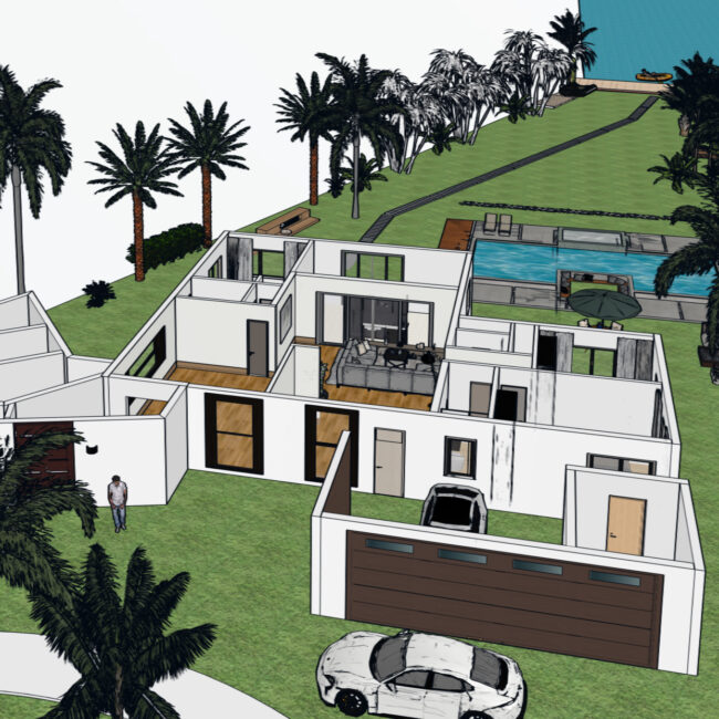 Modern one-story house color floor plan, featuring backyard with swimming pool.