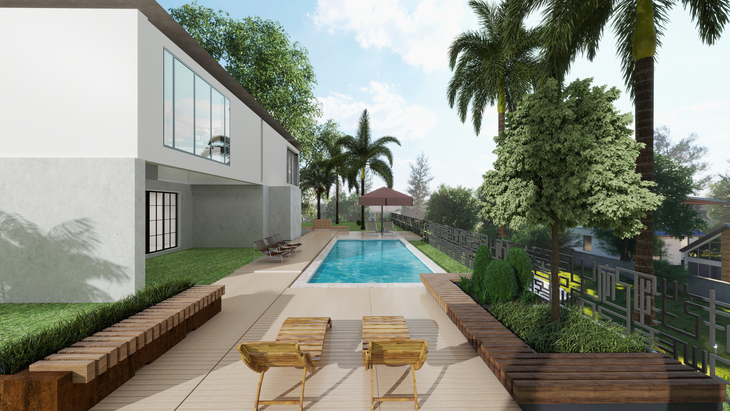 Modern two-story house exterior showing backyard with pool and deck with chairs.