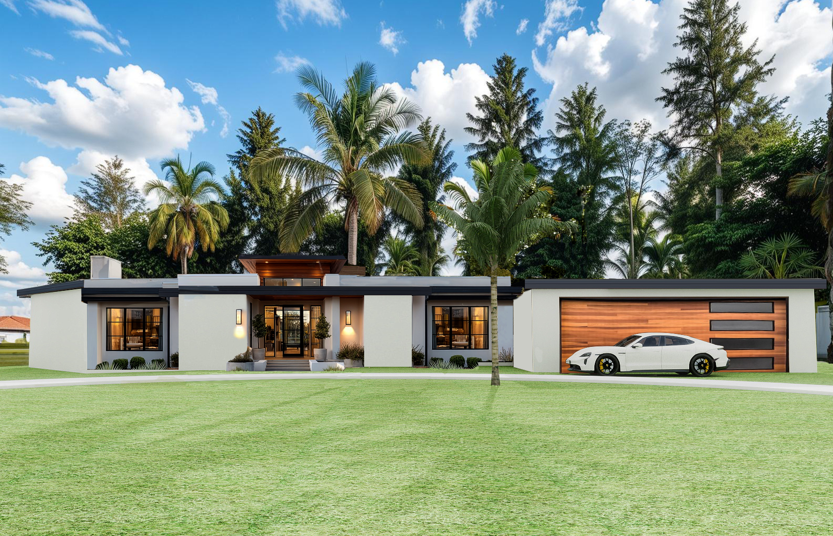 Modern one-story house exterior render by Pearce Design