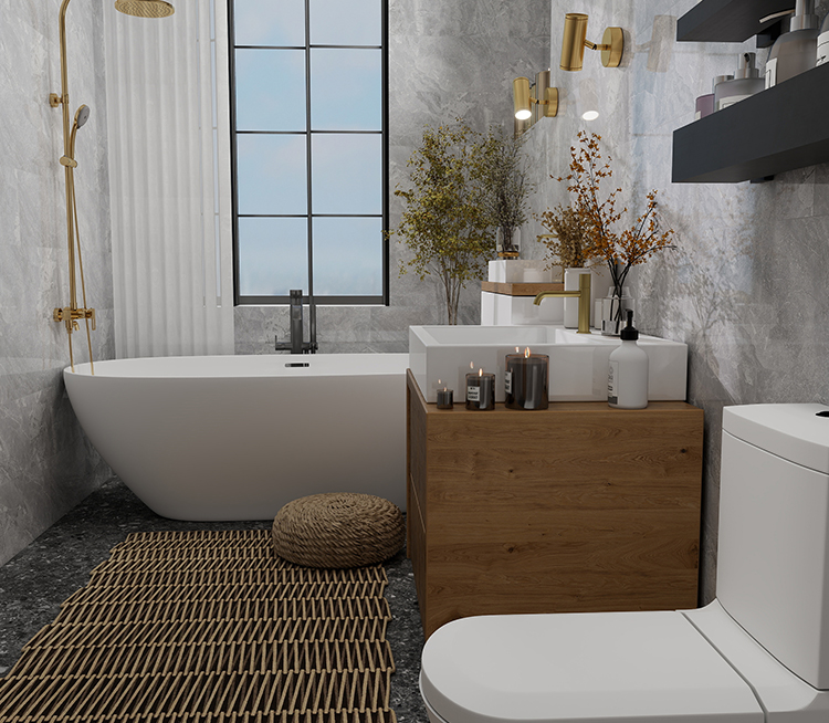 This modern bathroom features luxury materials and relaxing muted colors. Render by Pearce Design