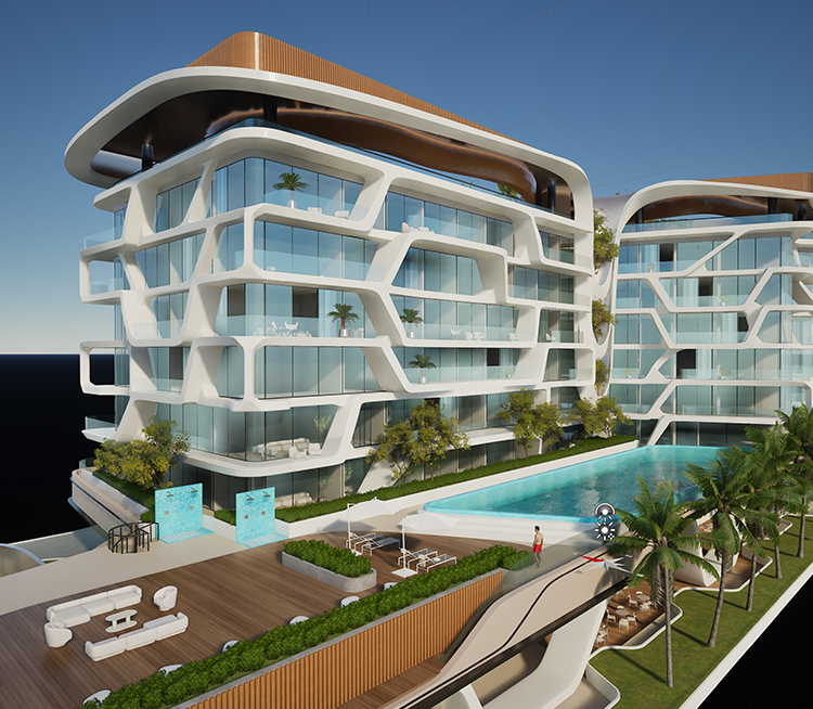 Six story hotel with swimming pool render