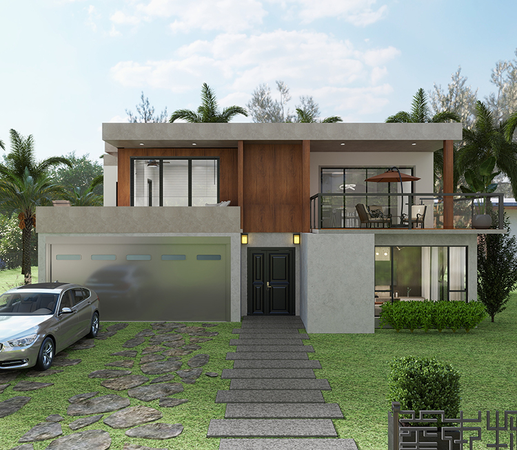 Modern two-story house exterior featuring concrete walls, dark wood paneling, a large balcony with glass railing, and a two-car garage. Rendering by Pearce Design