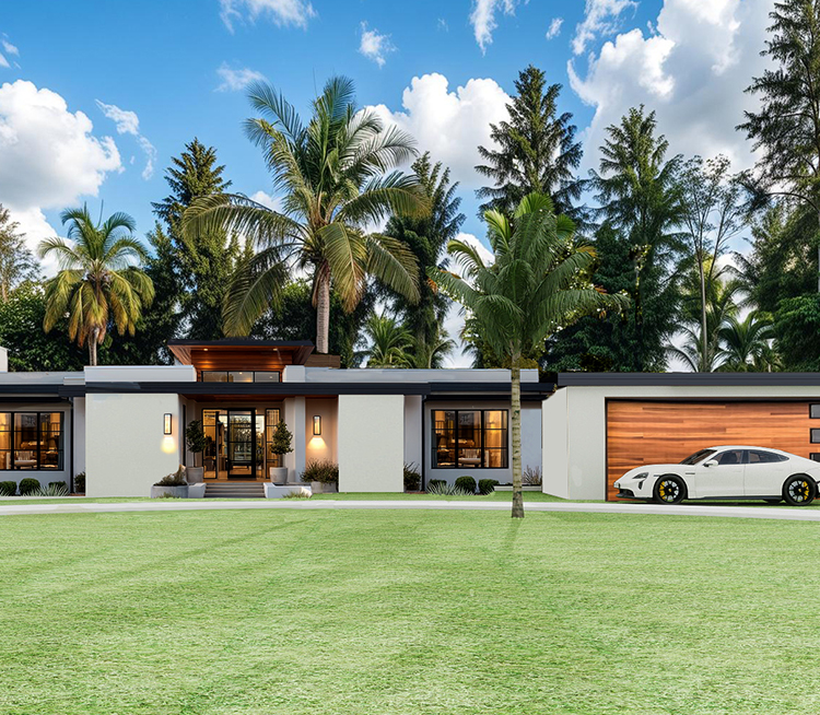 Modern one-story house exterior featuring concrete walls, dark wood paneling, a large balcony with glass railing, and a two-car garage. Rendering by Pearce Design