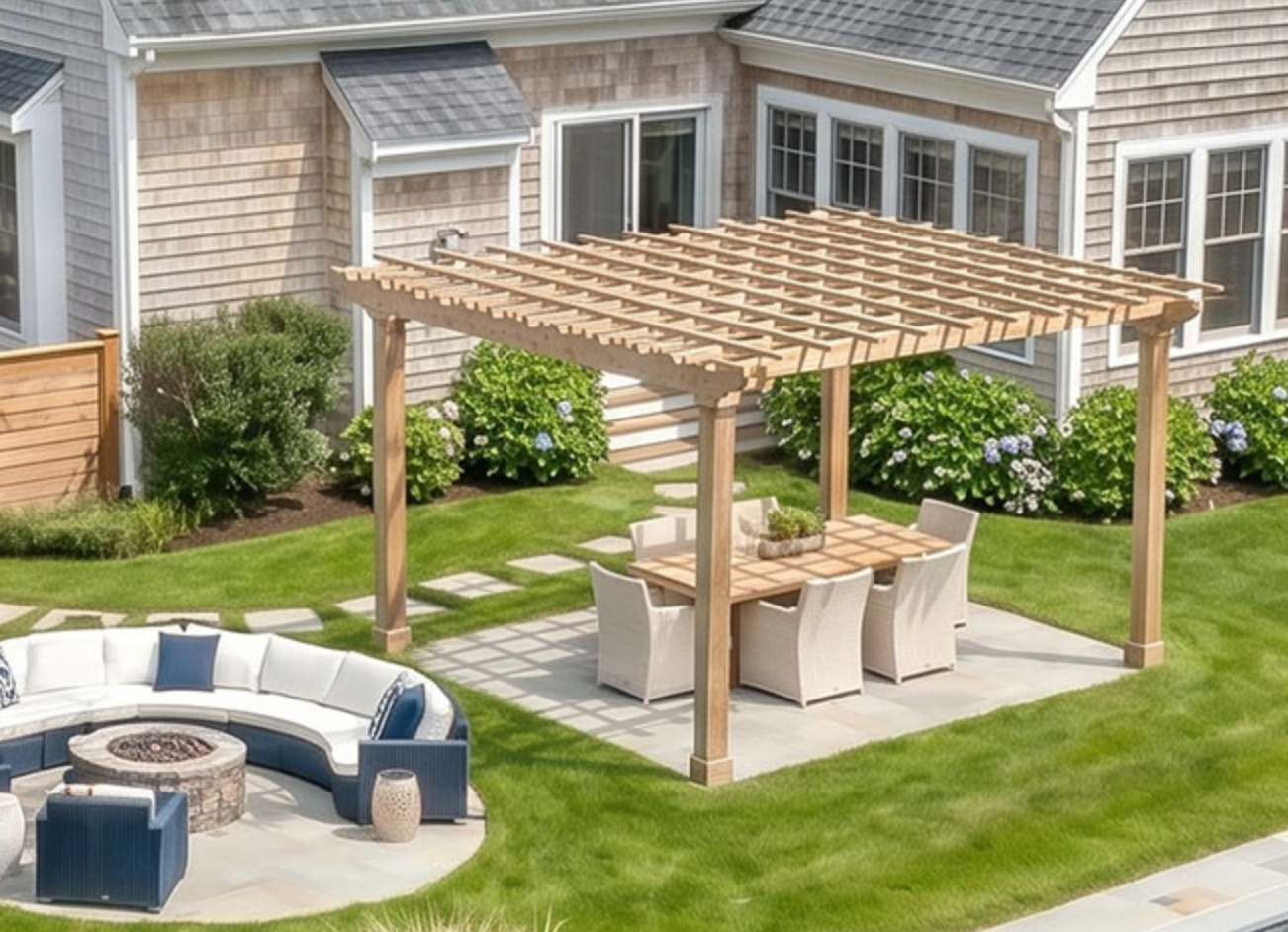 Pergola-covered outdoor dining area